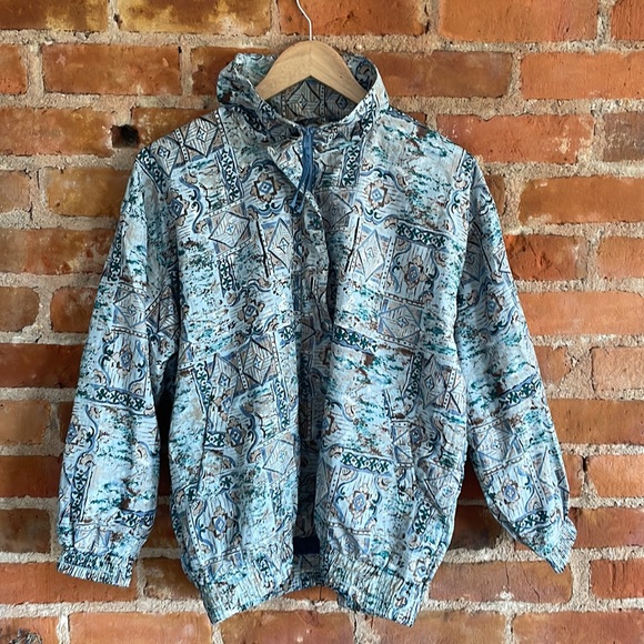 Vintage Oversized Boxy Windbreaker Jacket Tall Collar Blue Print Medium - Picture 1 of 7